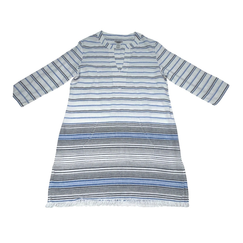 Tommy Bahama Linen Cotton Striped Tunic Dress Fringe Hem Pocket Small Blue White - Picture 2 of 8